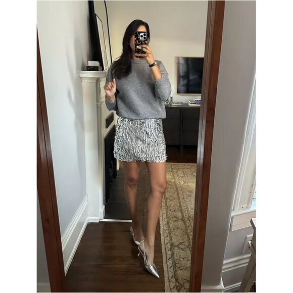 ANTHROPOLOGIE Mare Mare Long-Sleeve Knit Sequin Twofer Mini Dress in Grey NWT